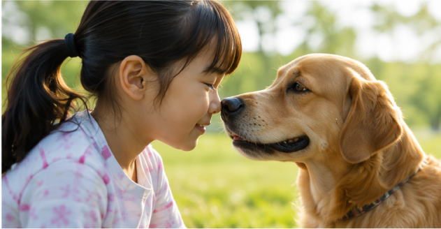 犬と鼻をくっつける女の子